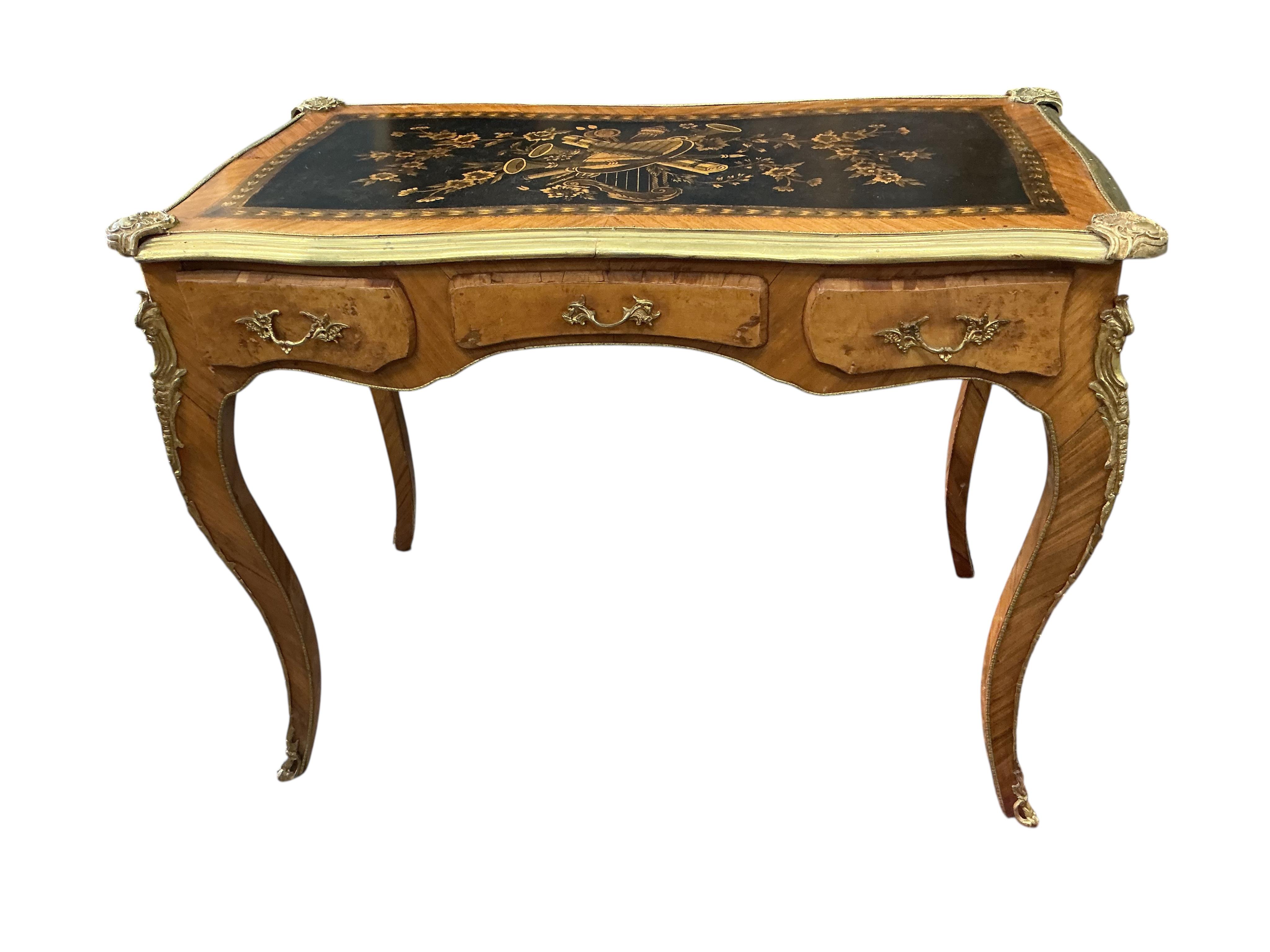 A Louis XVI style gilt metal mounted kingwood bureau plat, width 102cm, depth 55cm, height 80cm